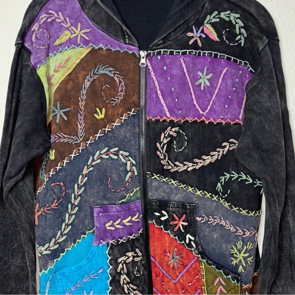 Rising Tide Patchwork Embroidered Zip Up Jacket Large Gray Multicolor Boho - Picture 9 of 16